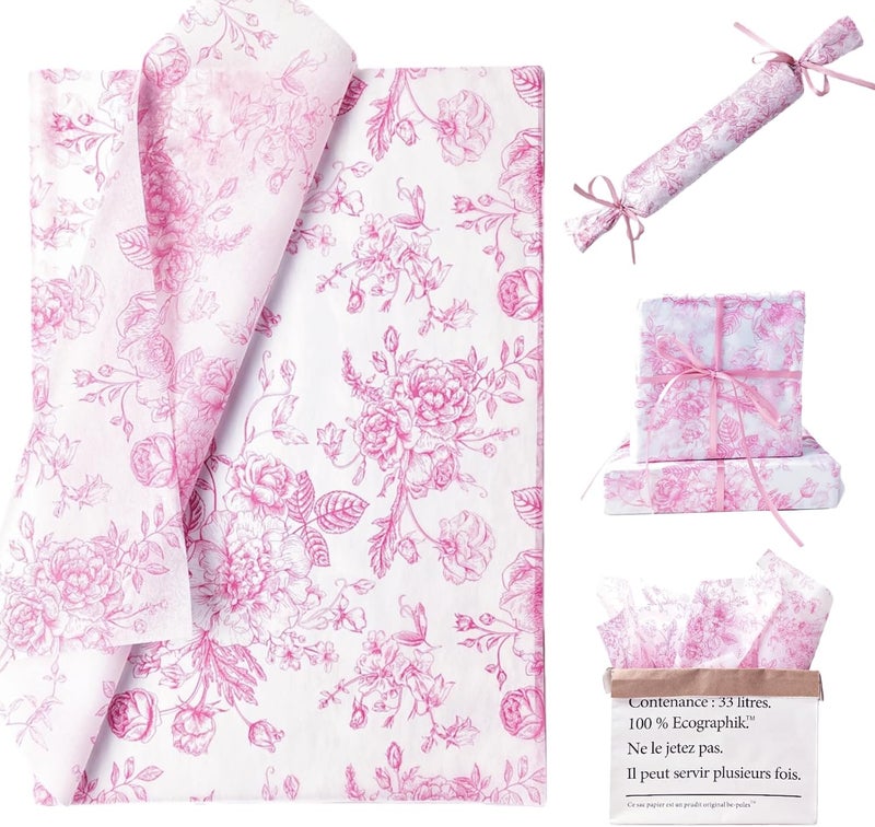 EROMAP 120 Sheets Pink Floral Tissue Paper Chinoiserie Gift Wrapping Paper Vintage Pink White Flowers Packaging Patterned Bulk for Baby Shower Wedding Birthday Party Decor, 14 x 20 Inch - Image 1